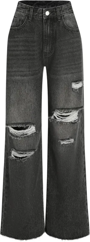 CIDER Womens Ripped Jeans High Waisted Distressed Baggy Straight Wide Leg Pants