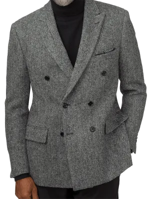 Classic Fit Harris Tweed Double Breasted Peak Lapel Sport Coat - Black/white