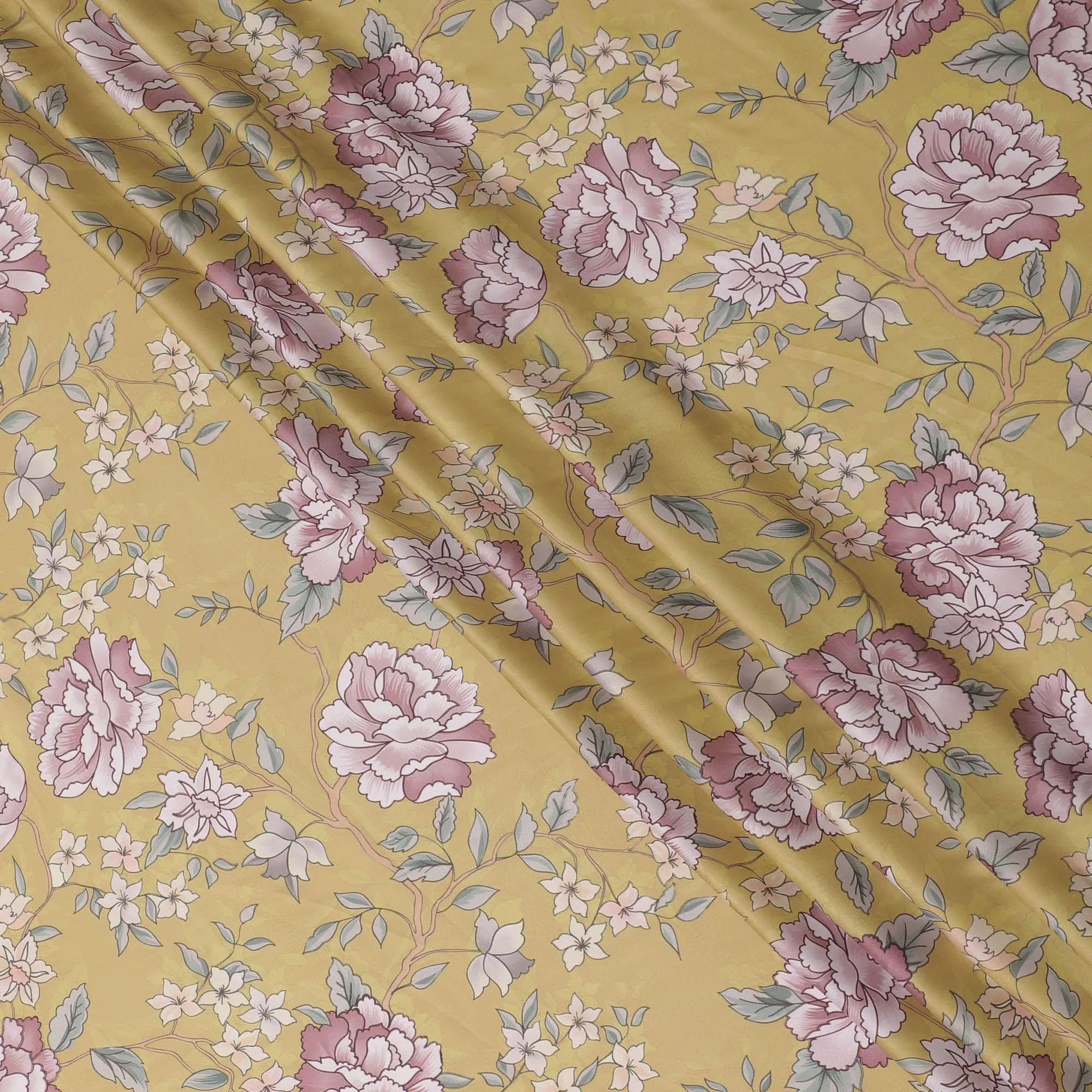 Dandelion Yellow synthetic crepe fabric with multicolor print in floral design-D15670
