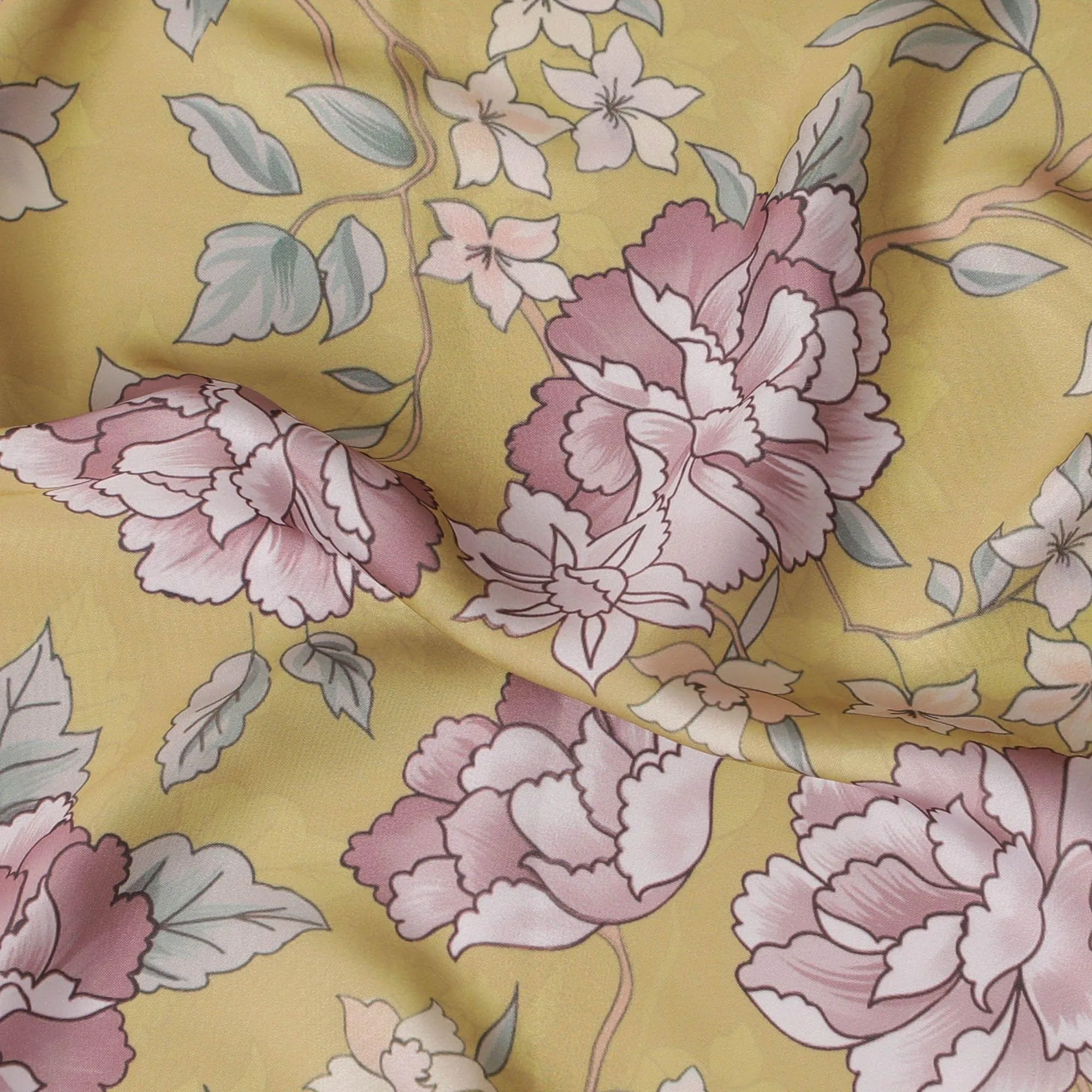 Dandelion Yellow synthetic crepe fabric with multicolor print in floral design-D15670