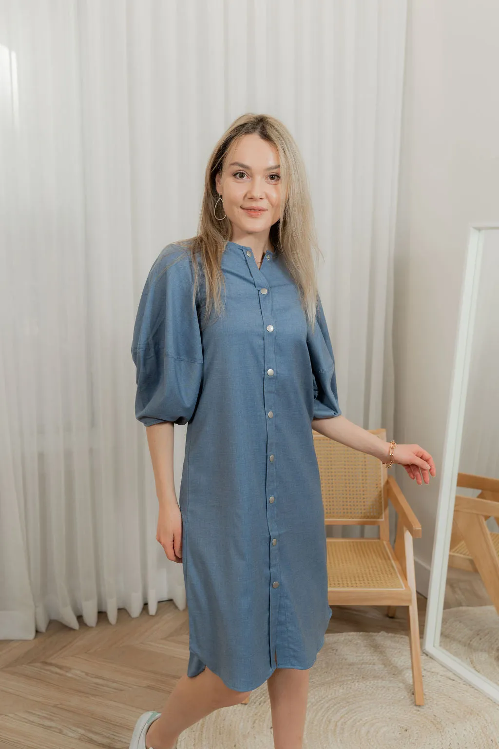 Denim puffy sleeves shirt dress
