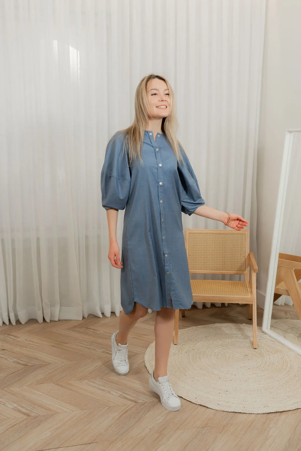 Denim puffy sleeves shirt dress