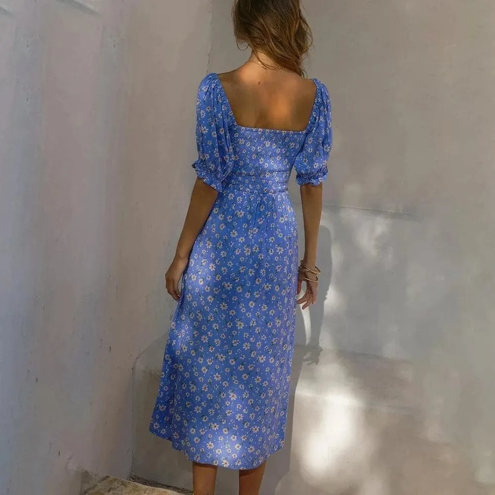 DressBetty - Women Elegant Floral Print Summer Dress V-neck Puff Sleeve Split Midi Dress