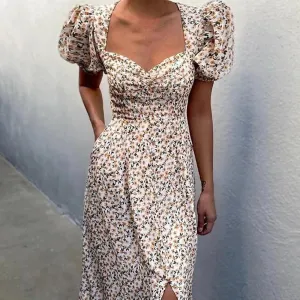 DressBetty - Women Elegant Floral Print Summer Dress V-neck Puff Sleeve Split Midi Dress