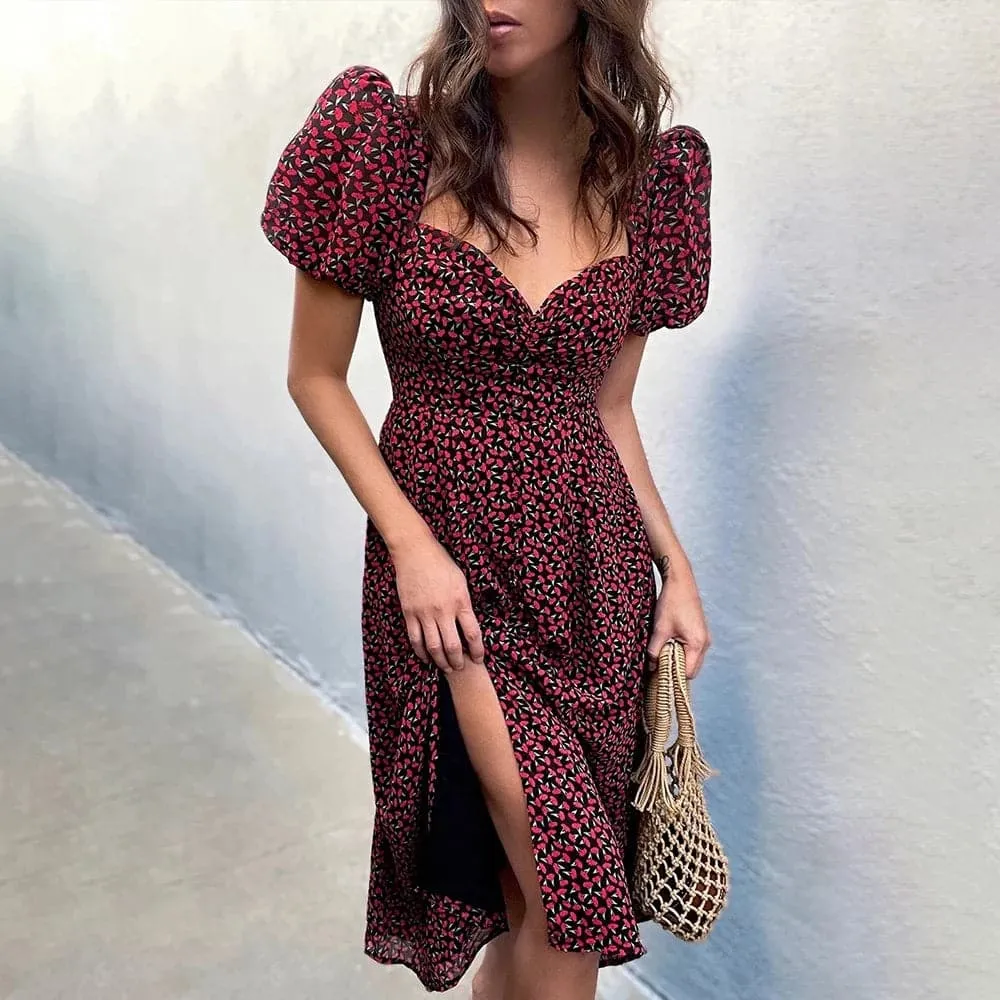 DressBetty - Women Elegant Floral Print Summer Dress V-neck Puff Sleeve Split Midi Dress
