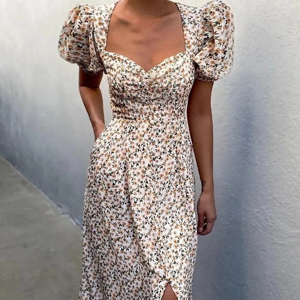 DressBetty - Women Elegant Floral Print Summer Dress V-neck Puff Sleeve Split Midi Dress