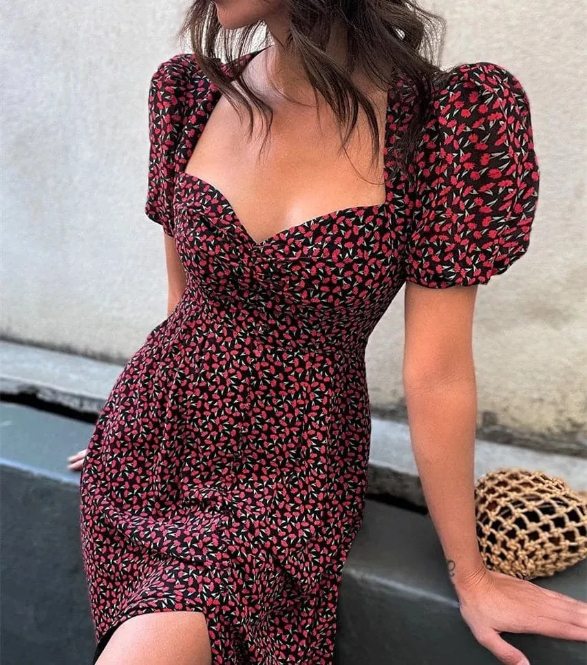 DressBetty - Women Elegant Floral Print Summer Dress V-neck Puff Sleeve Split Midi Dress