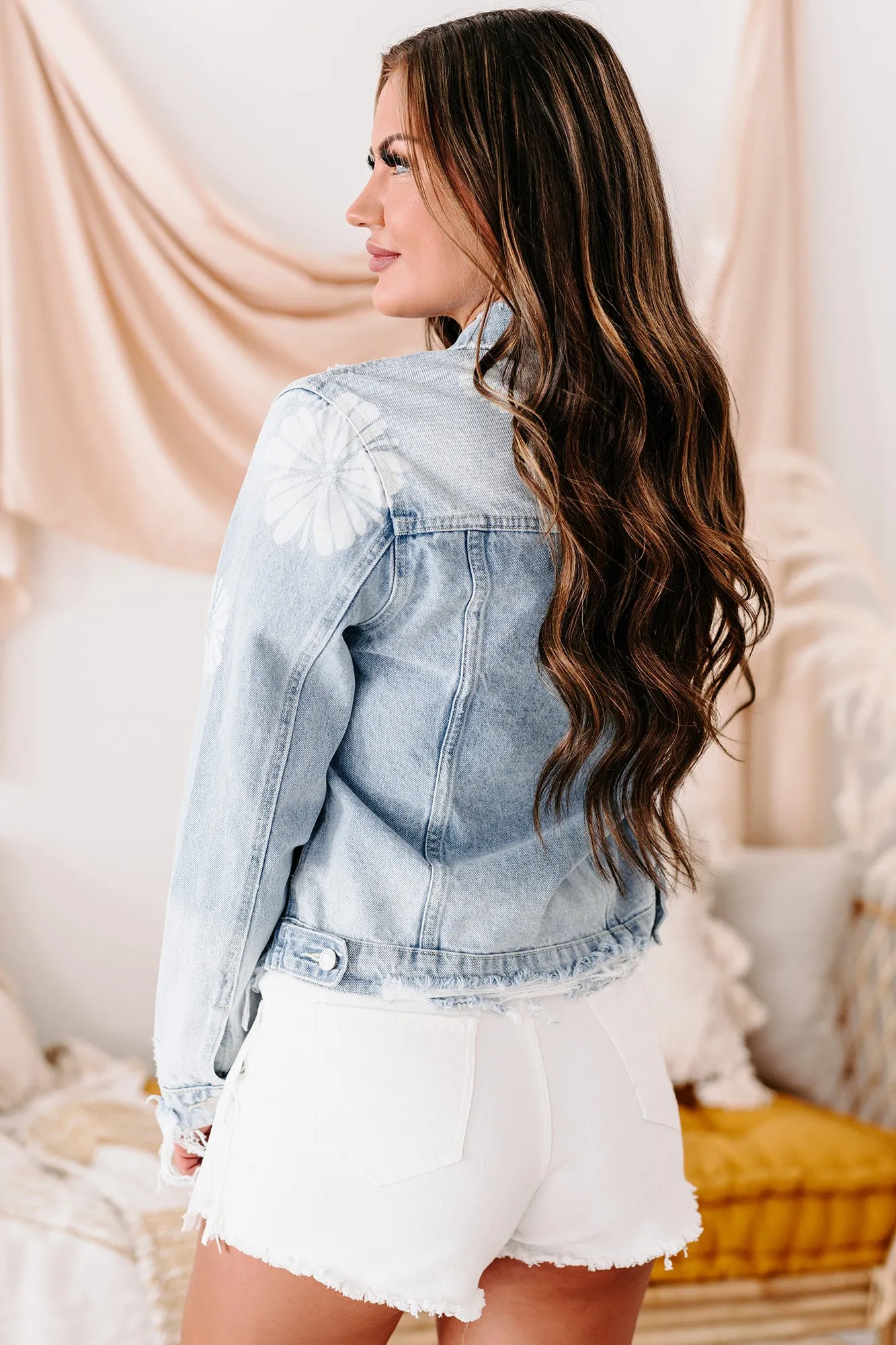 East Of Eden Flower Print Distressed Cropped Denim Jacket (Light)