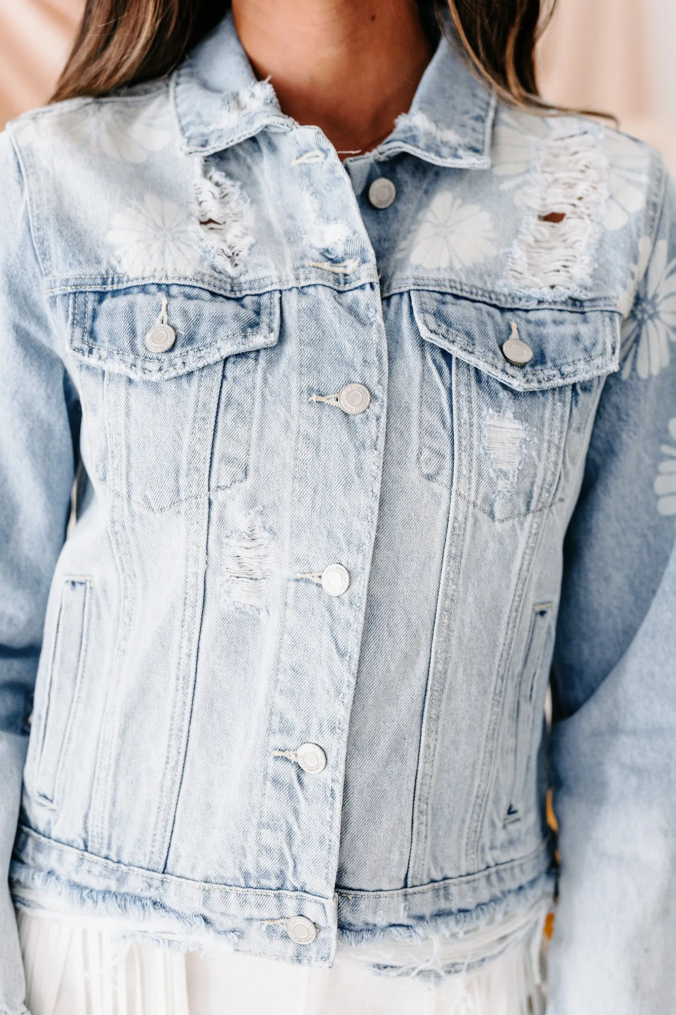 East Of Eden Flower Print Distressed Cropped Denim Jacket (Light)