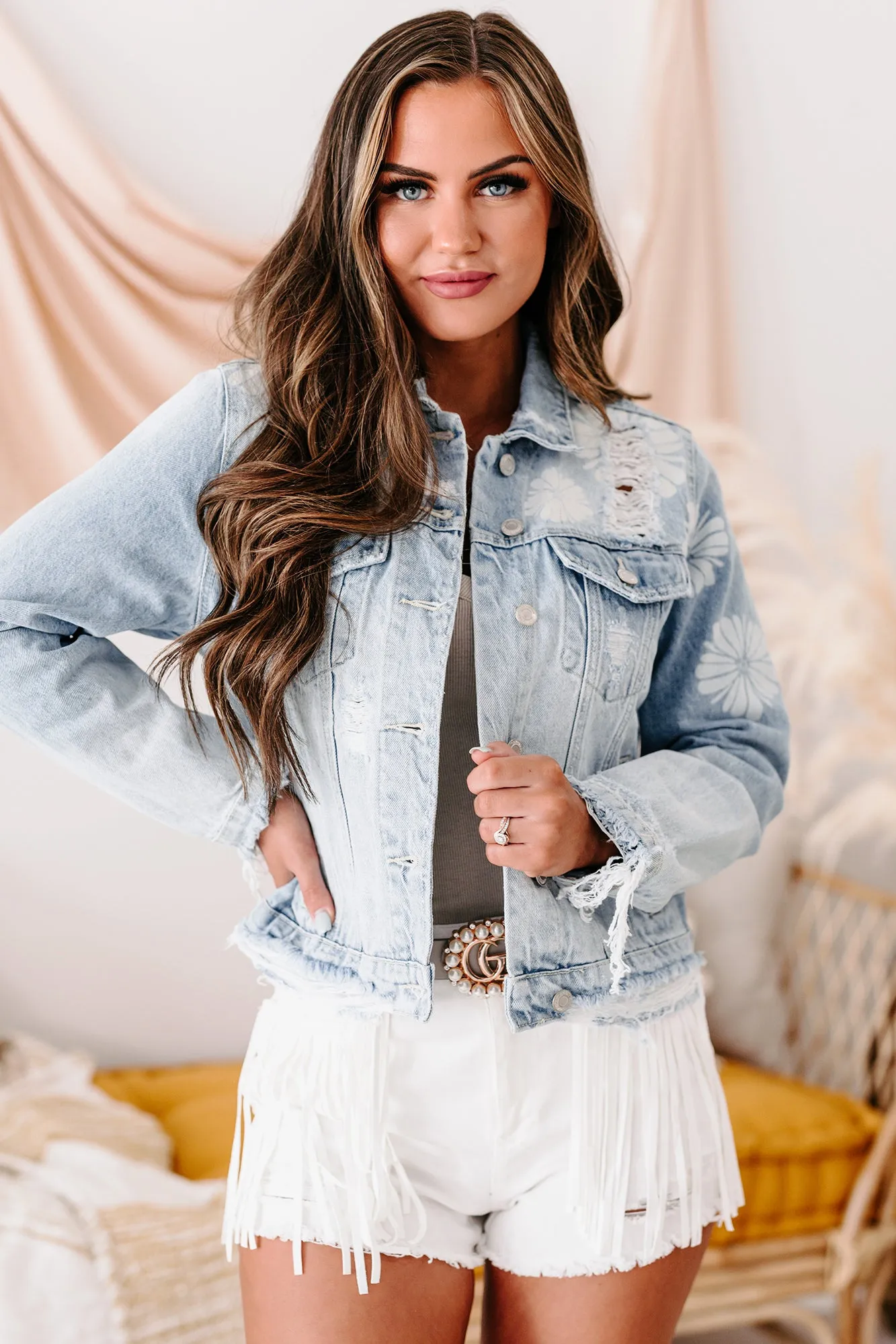 East Of Eden Flower Print Distressed Cropped Denim Jacket (Light)