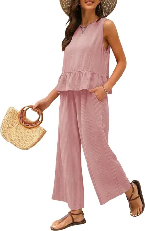 EVALESS Two Piece Sets for Womens Fashion 2025 Dressy Matching Sets Womens Clothes Sleeveless Summer Vacation Outfits