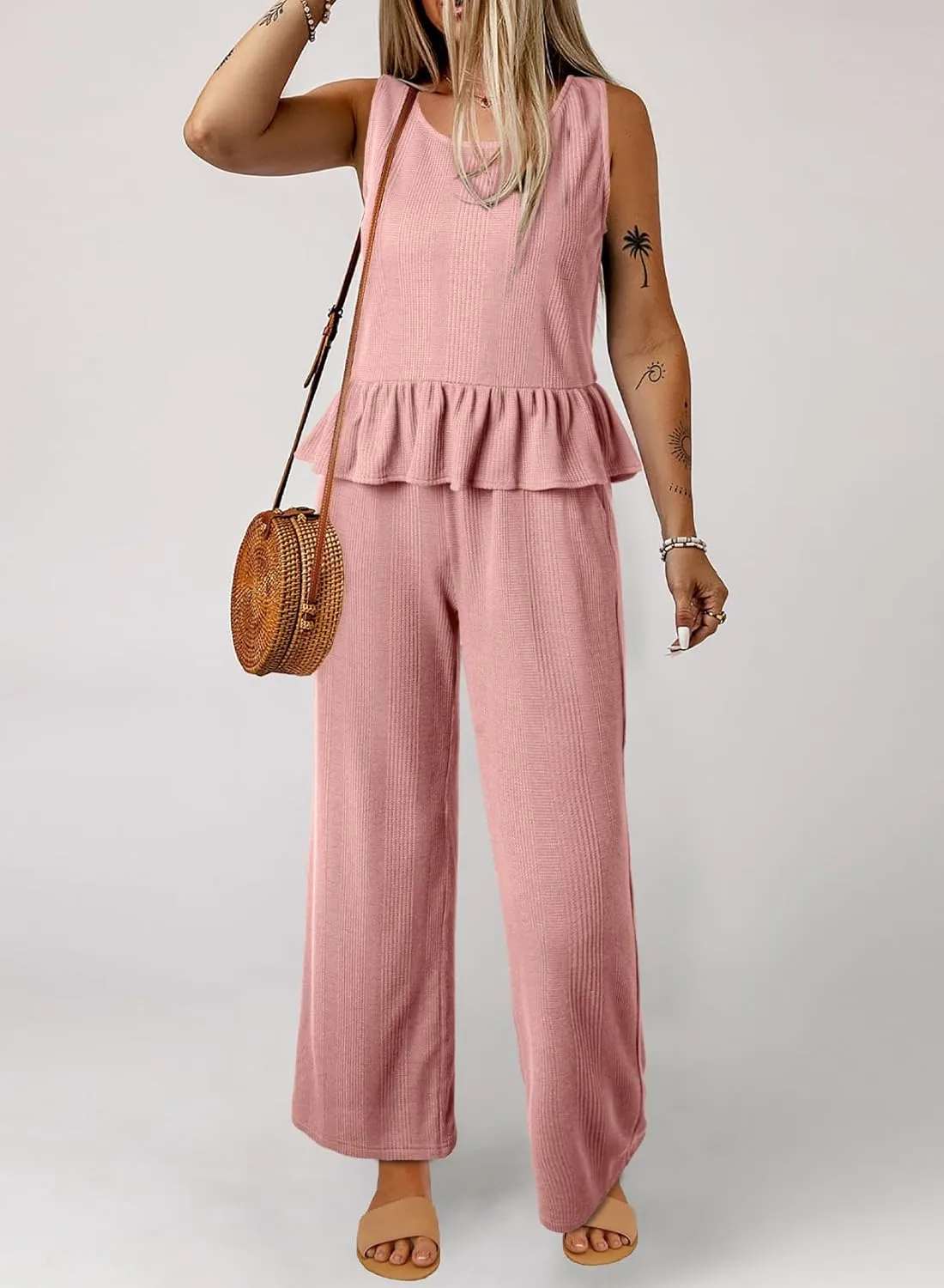 EVALESS Two Piece Sets for Womens Fashion 2025 Dressy Matching Sets Womens Clothes Sleeveless Summer Vacation Outfits