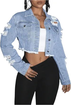Floerns Women's Long Sleeve Distressed Ripped Button Front Cropped Denim Jacket