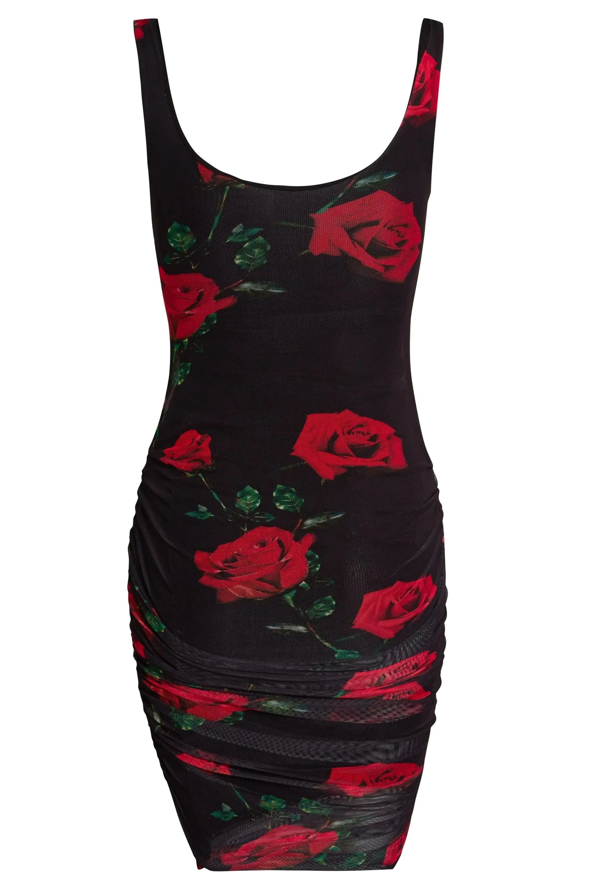 Floral Ruching Bodycon Mini Dress with Rose Print