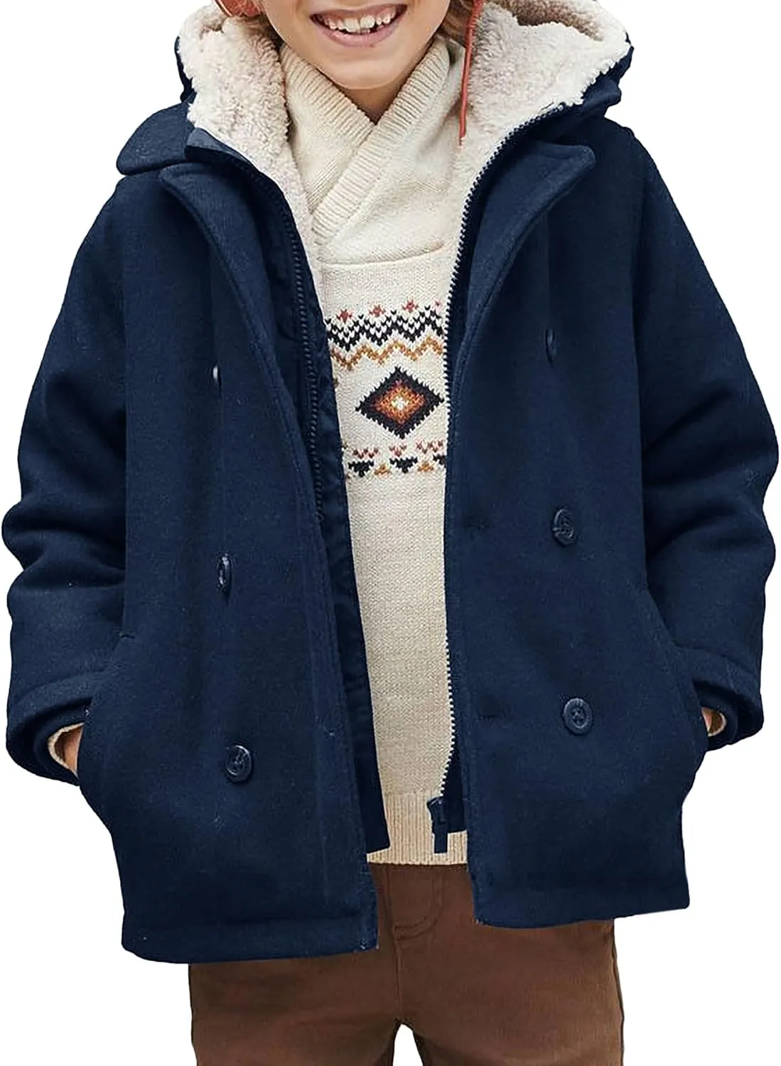Haloumoning Boys Wool Blend Winter Coat Notched Collar Double Breasted Hooded Pea Coat Warm Outwear