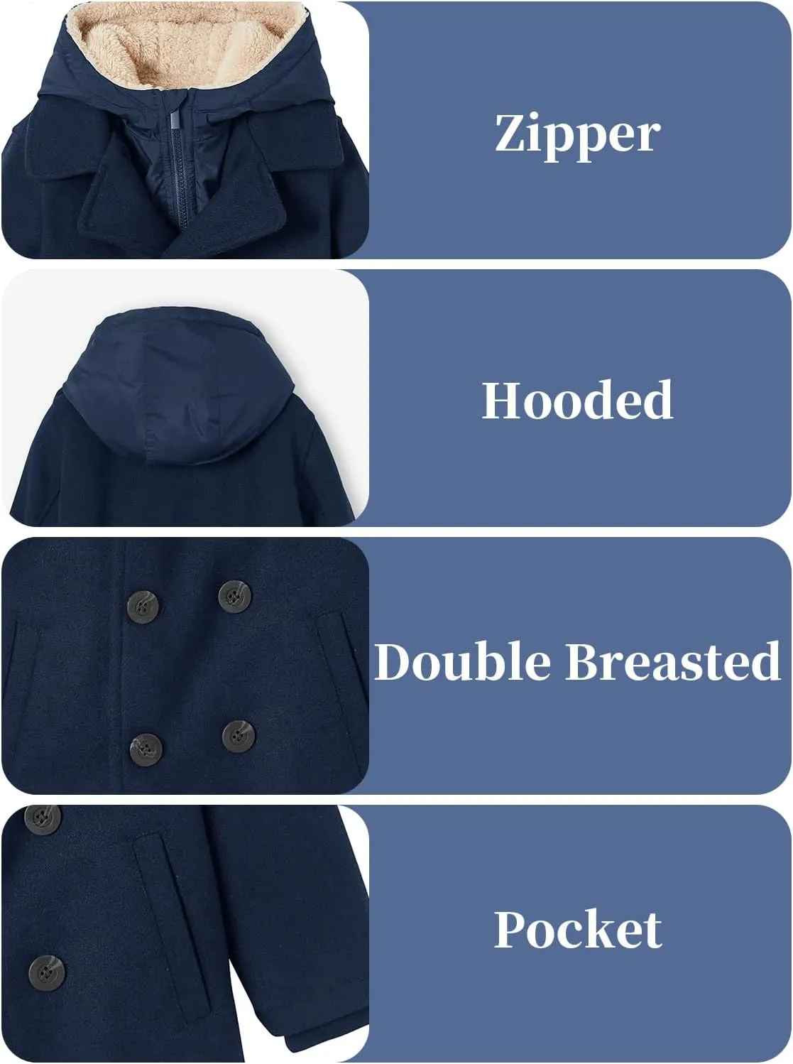 Haloumoning Boys Wool Blend Winter Coat Notched Collar Double Breasted Hooded Pea Coat Warm Outwear