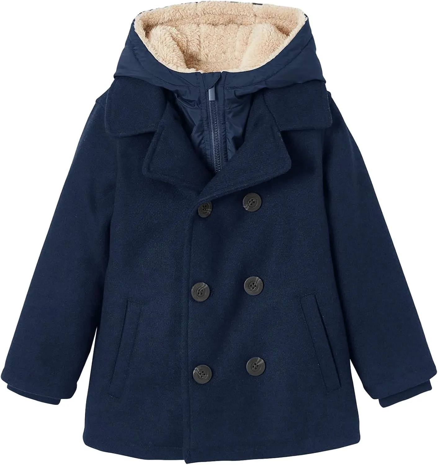 Haloumoning Boys Wool Blend Winter Coat Notched Collar Double Breasted Hooded Pea Coat Warm Outwear
