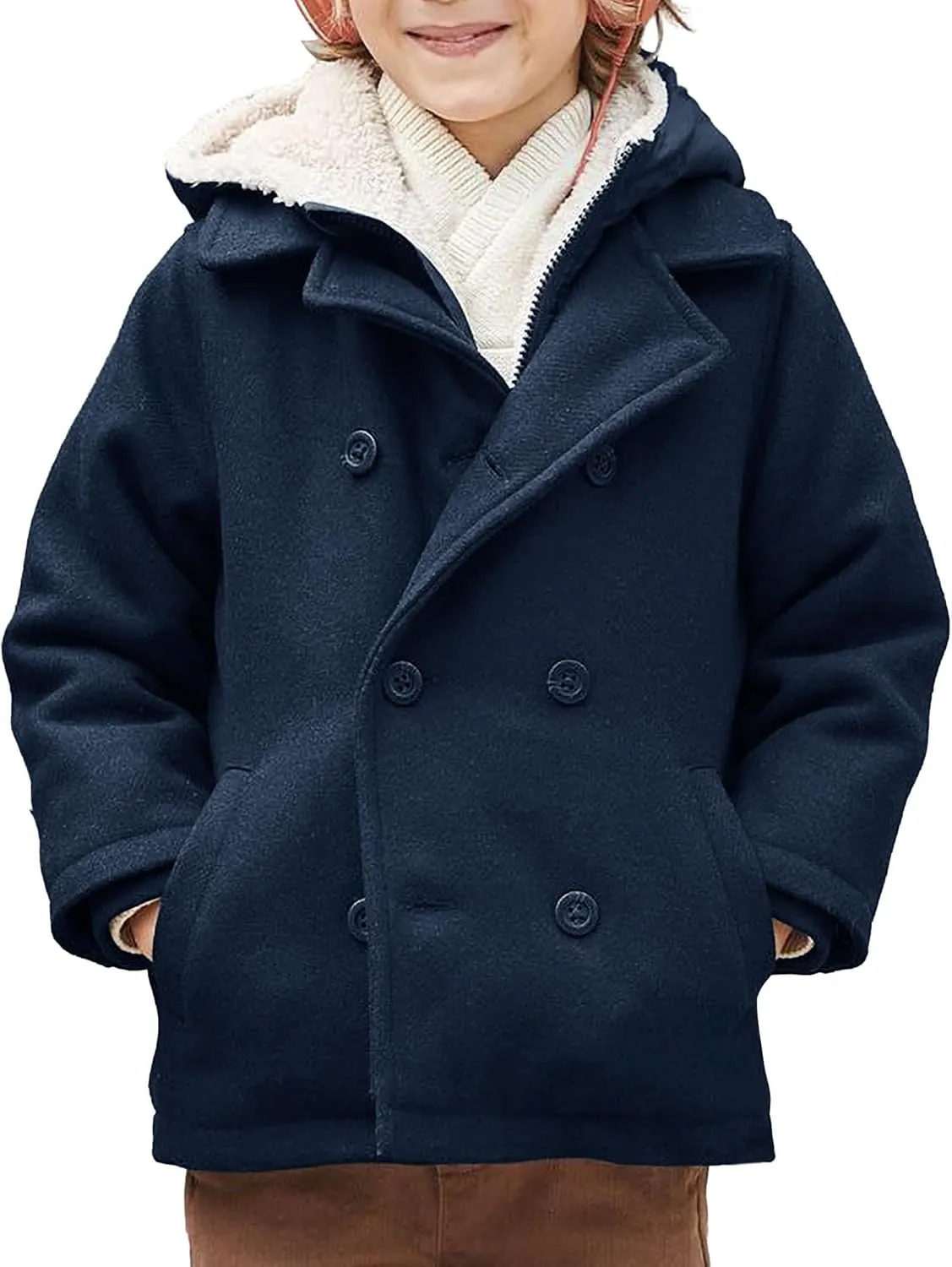 Haloumoning Boys Wool Blend Winter Coat Notched Collar Double Breasted Hooded Pea Coat Warm Outwear