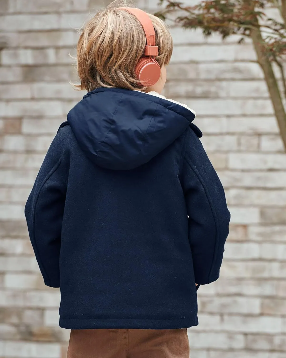 Haloumoning Boys Wool Blend Winter Coat Notched Collar Double Breasted Hooded Pea Coat Warm Outwear