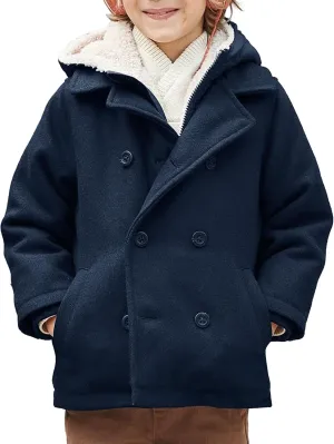 Haloumoning Boys Wool Blend Winter Coat Notched Collar Double Breasted Hooded Pea Coat Warm Outwear