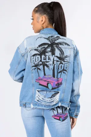 Ivyshape | American Bazi Graphic Distressed Long Sleeve Denim Jacket