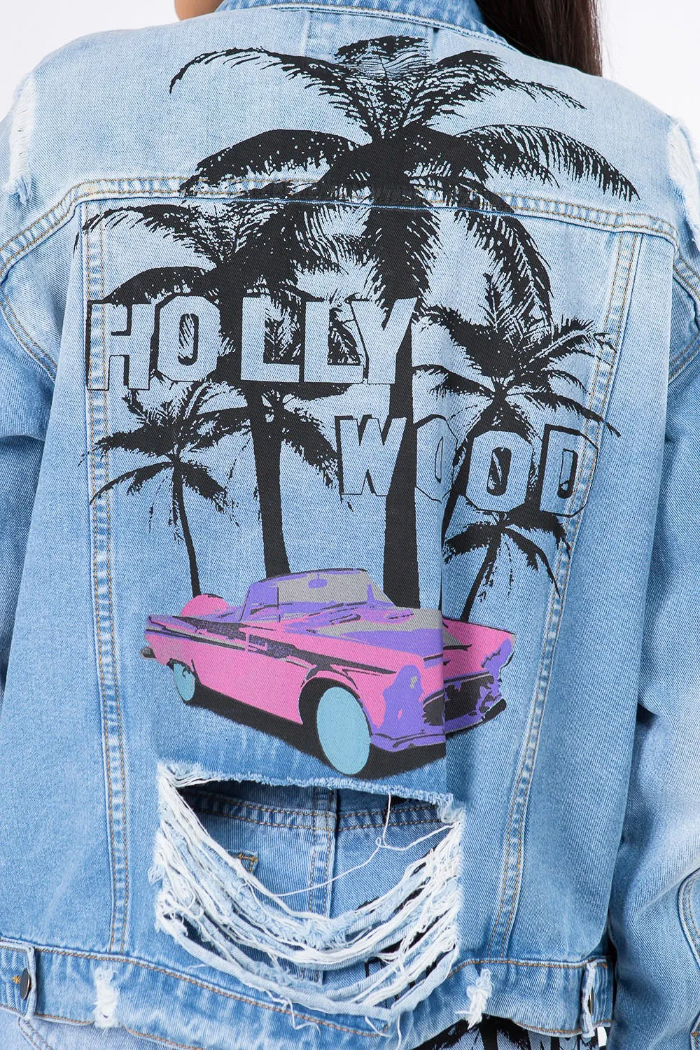 Ivyshape | American Bazi Graphic Distressed Long Sleeve Denim Jacket