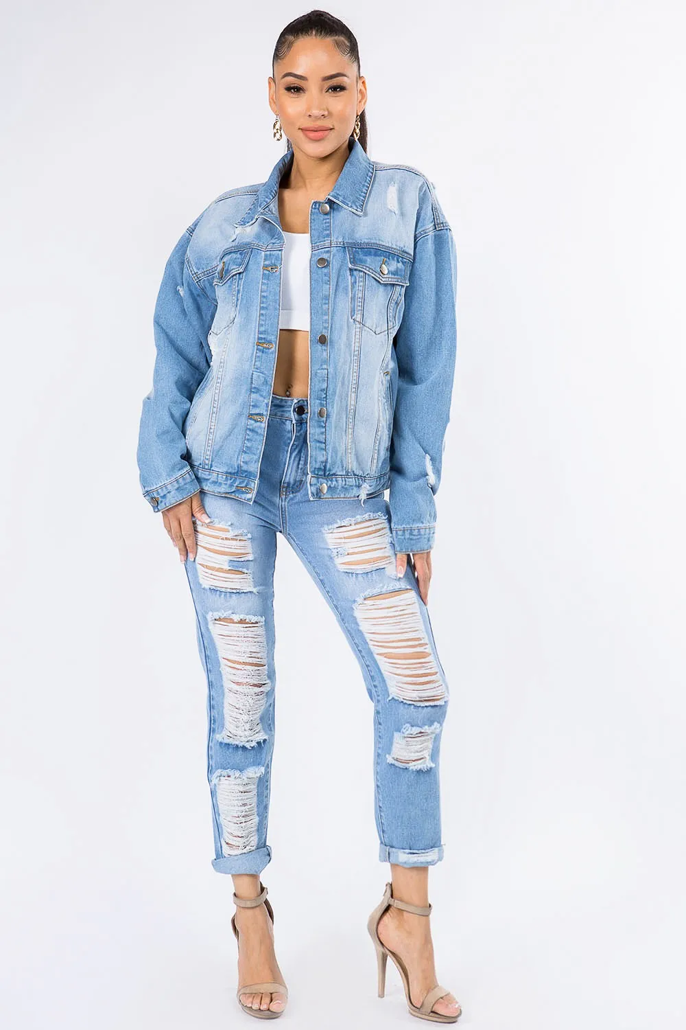 Ivyshape | American Bazi Graphic Distressed Long Sleeve Denim Jacket