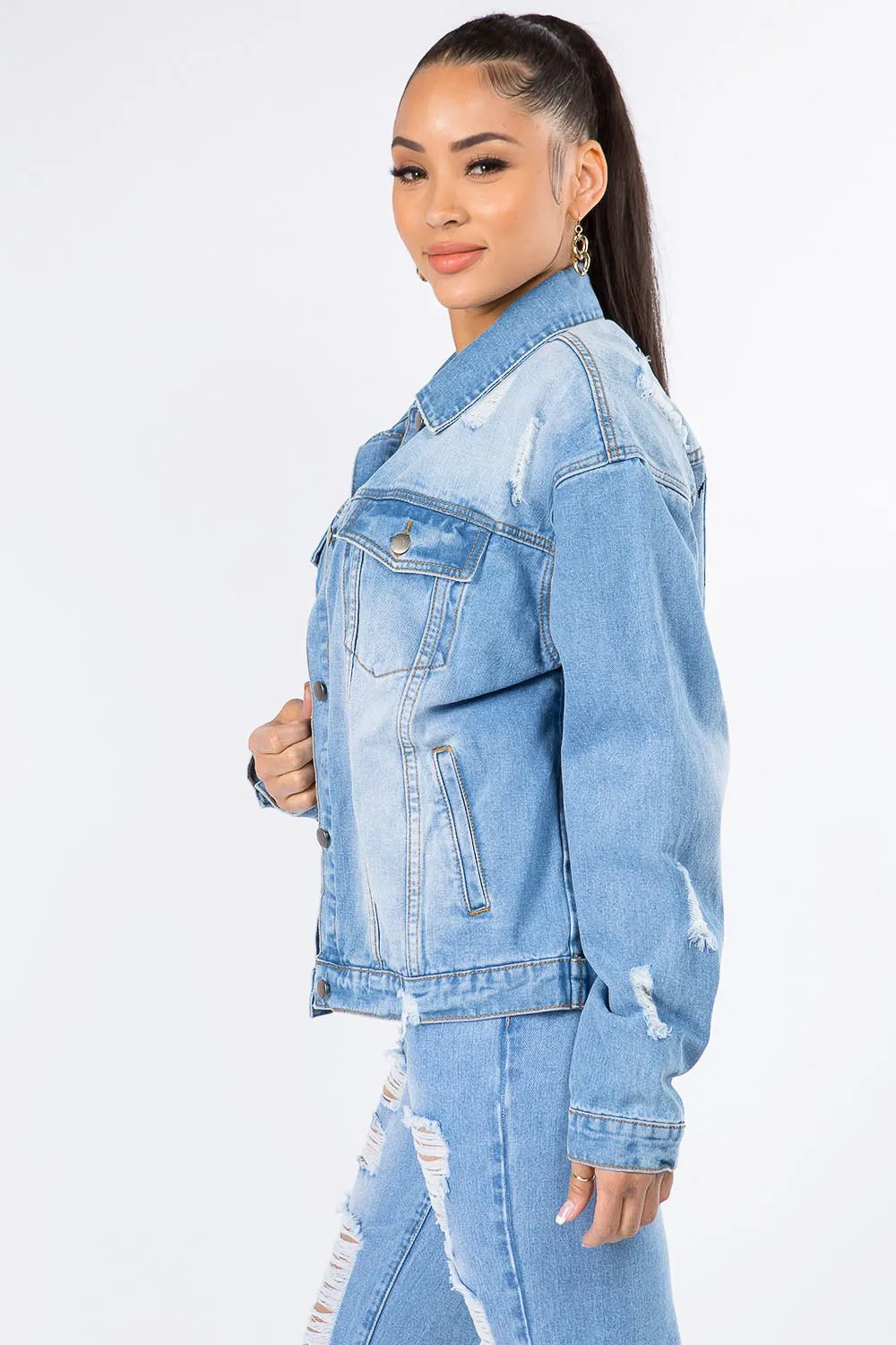 Ivyshape | American Bazi Graphic Distressed Long Sleeve Denim Jacket