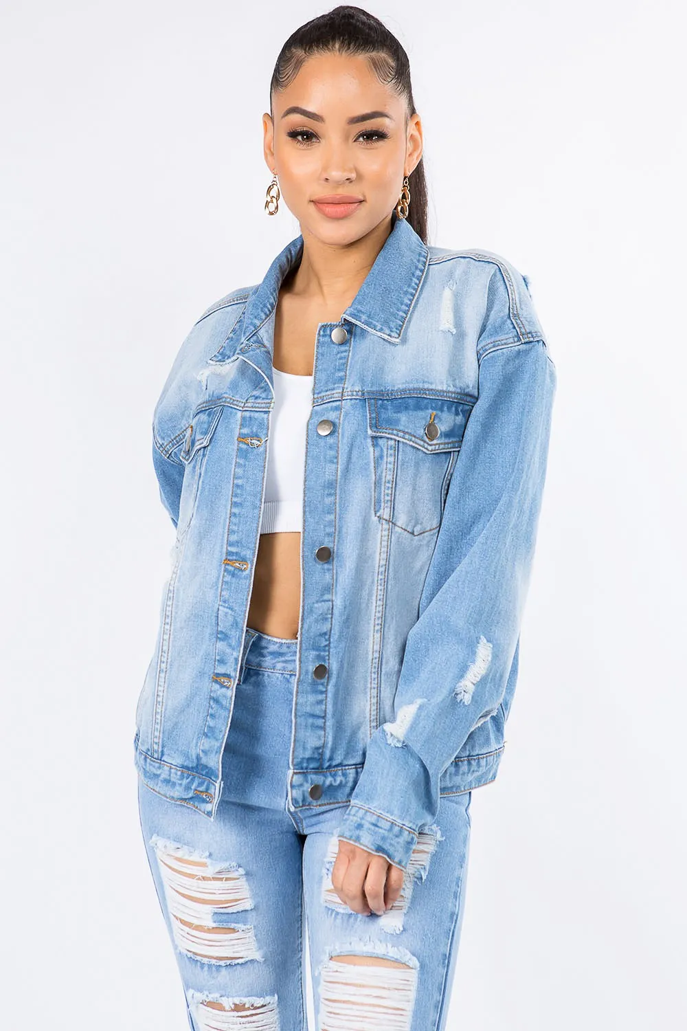 Ivyshape | American Bazi Graphic Distressed Long Sleeve Denim Jacket