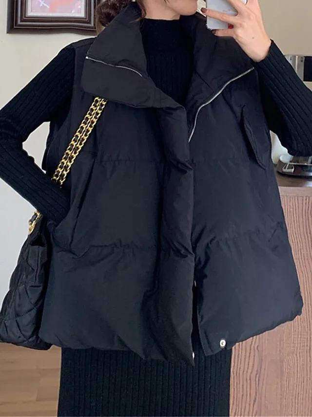Joskaa Women's Puffer Vest Long Sleeveless Parka Warm Heated Quilted Gilet Winter Coat Zipper Stand Collar Jacket with Pocket Outerwear Black White S M L XL