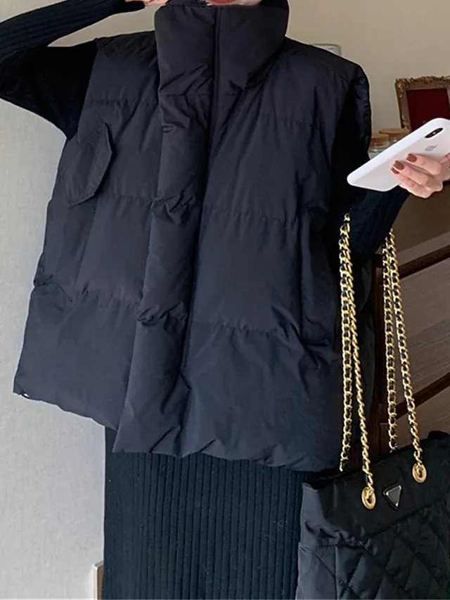 Joskaa Women's Puffer Vest Long Sleeveless Parka Warm Heated Quilted Gilet Winter Coat Zipper Stand Collar Jacket with Pocket Outerwear Black White S M L XL
