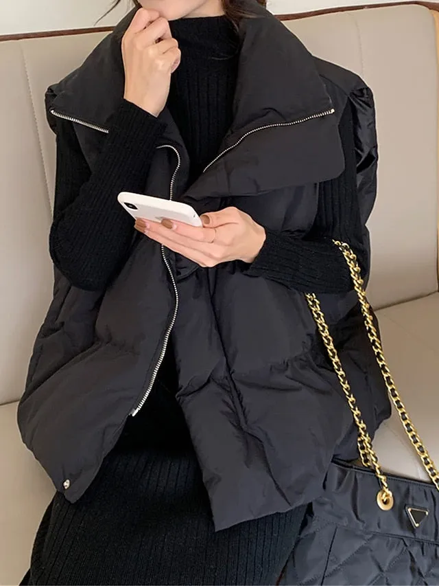 Joskaa Women's Puffer Vest Long Sleeveless Parka Warm Heated Quilted Gilet Winter Coat Zipper Stand Collar Jacket with Pocket Outerwear Black White S M L XL