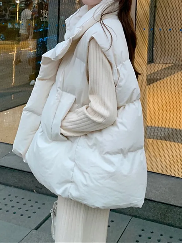 Joskaa Women's Puffer Vest Long Sleeveless Parka Warm Heated Quilted Gilet Winter Coat Zipper Stand Collar Jacket with Pocket Outerwear Black White S M L XL