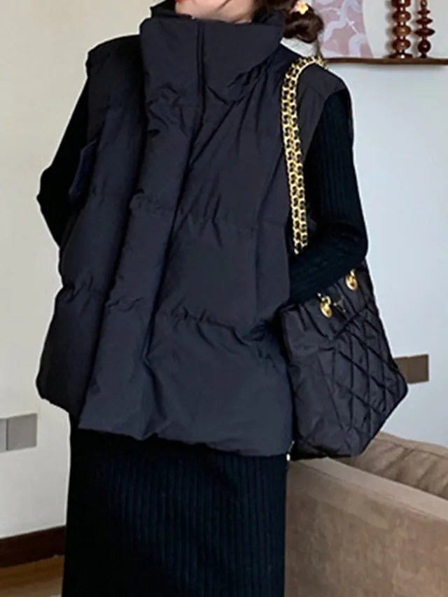 Joskaa Women's Puffer Vest Long Sleeveless Parka Warm Heated Quilted Gilet Winter Coat Zipper Stand Collar Jacket with Pocket Outerwear Black White S M L XL