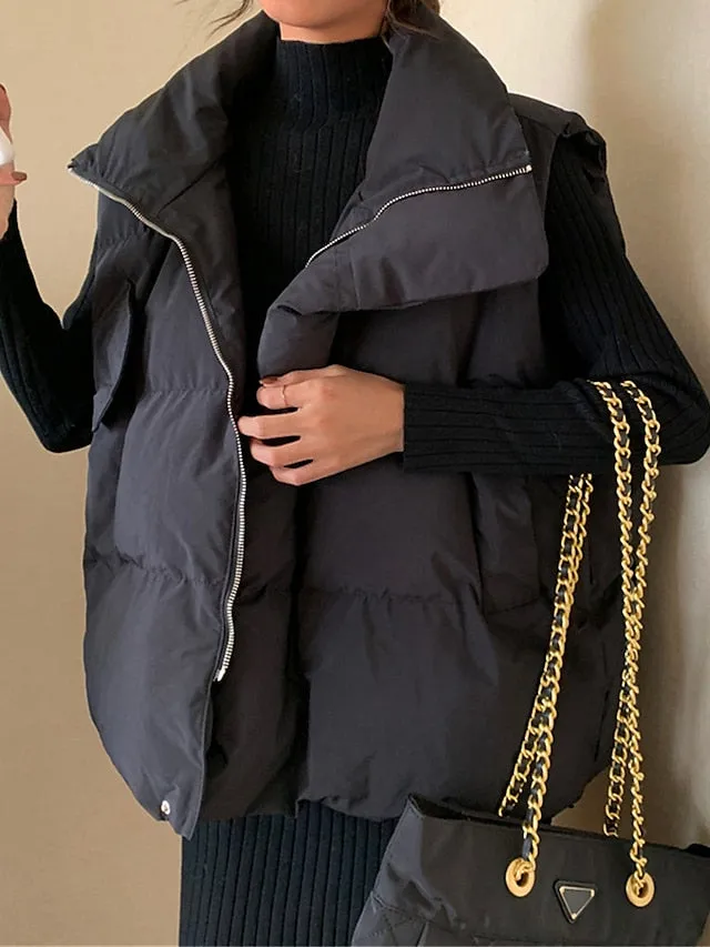 Joskaa Women's Puffer Vest Long Sleeveless Parka Warm Heated Quilted Gilet Winter Coat Zipper Stand Collar Jacket with Pocket Outerwear Black White S M L XL