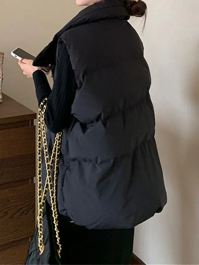 Joskaa Women's Puffer Vest Long Sleeveless Parka Warm Heated Quilted Gilet Winter Coat Zipper Stand Collar Jacket with Pocket Outerwear Black White S M L XL
