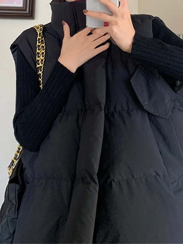 Joskaa Women's Puffer Vest Long Sleeveless Parka Warm Heated Quilted Gilet Winter Coat Zipper Stand Collar Jacket with Pocket Outerwear Black White S M L XL