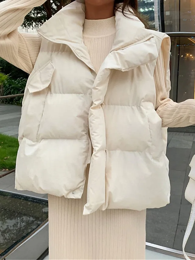 Joskaa Women's Puffer Vest Long Sleeveless Parka Warm Heated Quilted Gilet Winter Coat Zipper Stand Collar Jacket with Pocket Outerwear Black White S M L XL