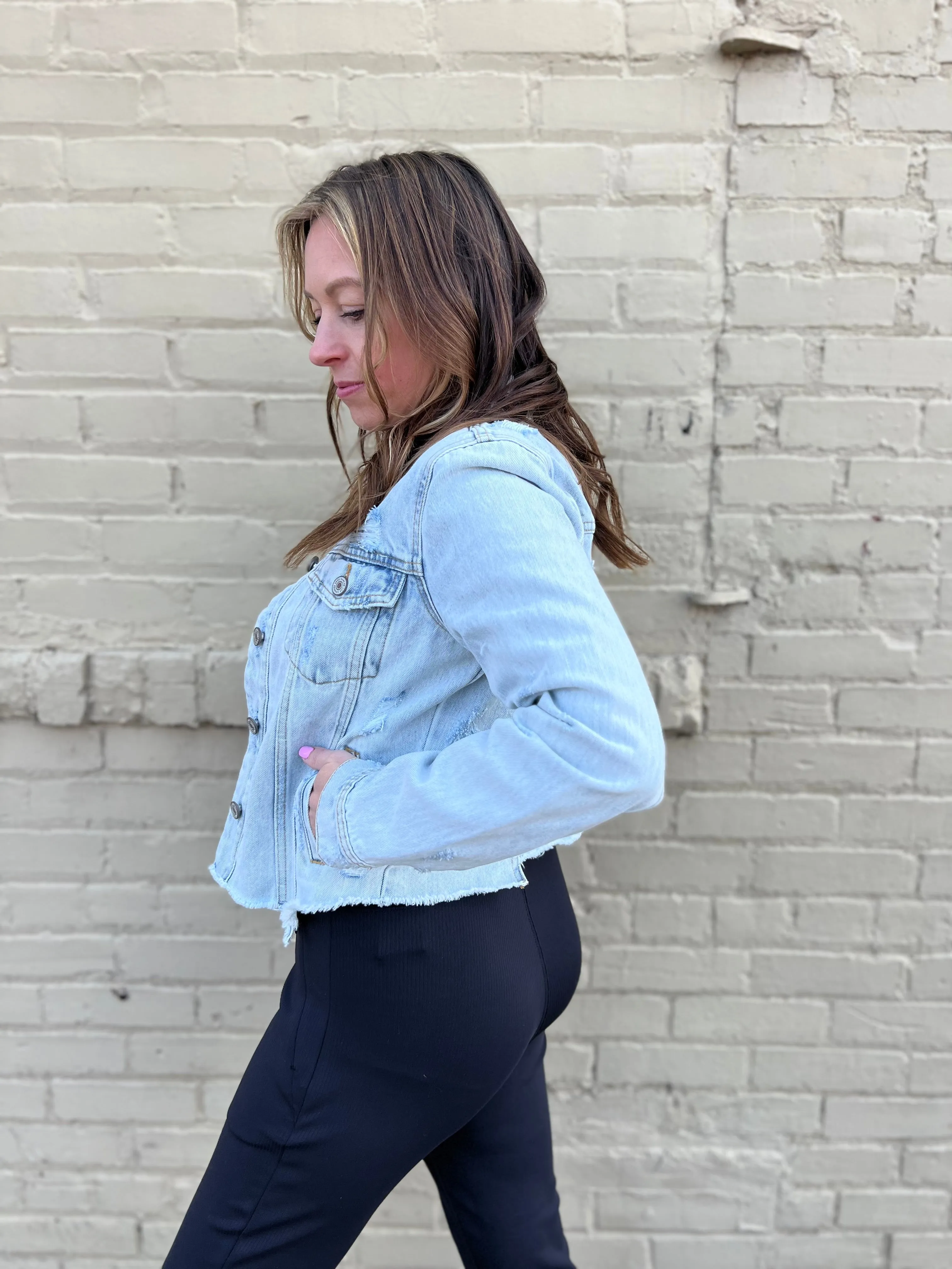 Kancan Distressed Raw Hem Denim Jacket