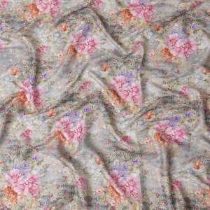 Laurel green synthetic crepe fabric with multicolor print in floral design-D17362 (1.5 mtrs)