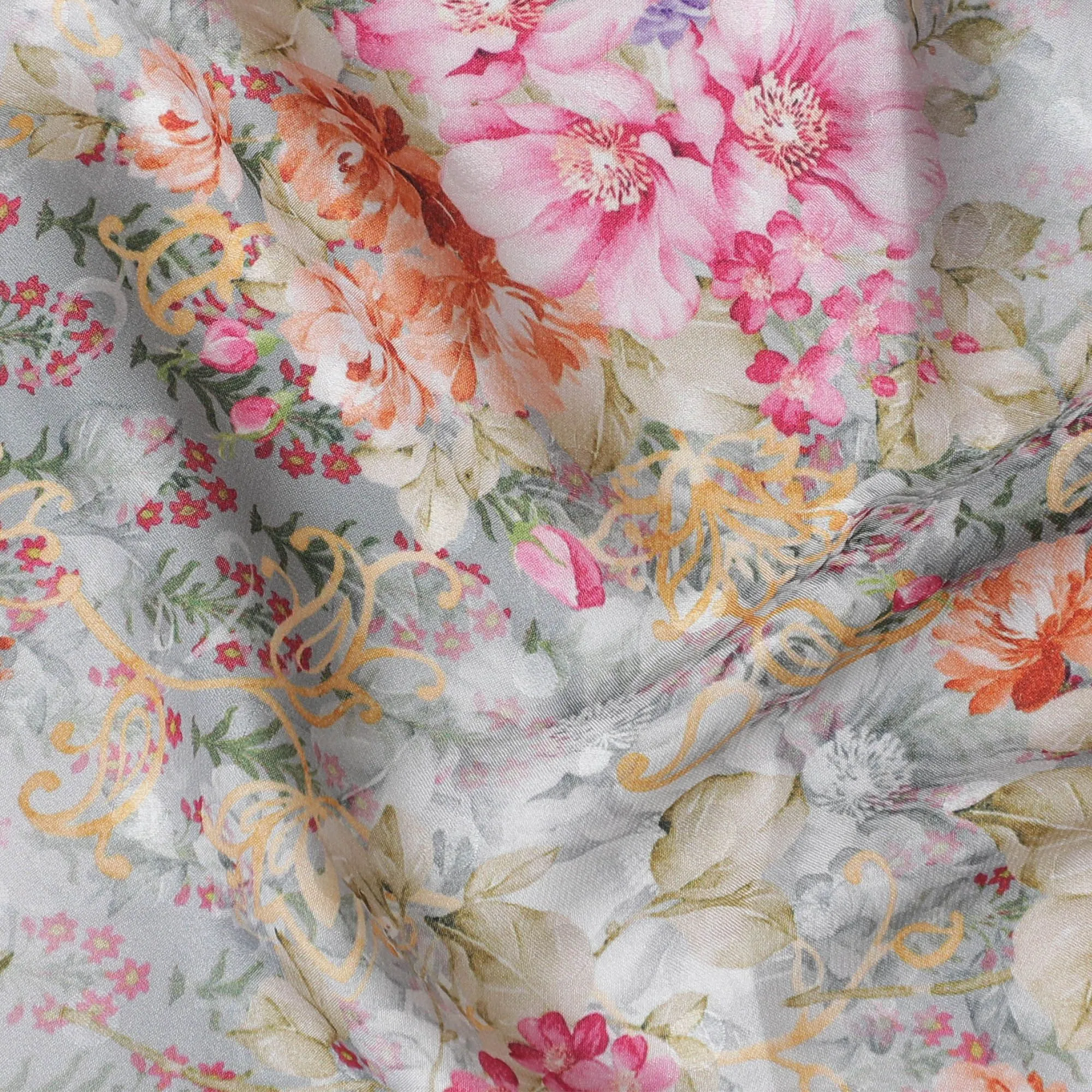 Laurel green synthetic crepe fabric with multicolor print in floral design-D17362 (1.5 mtrs)