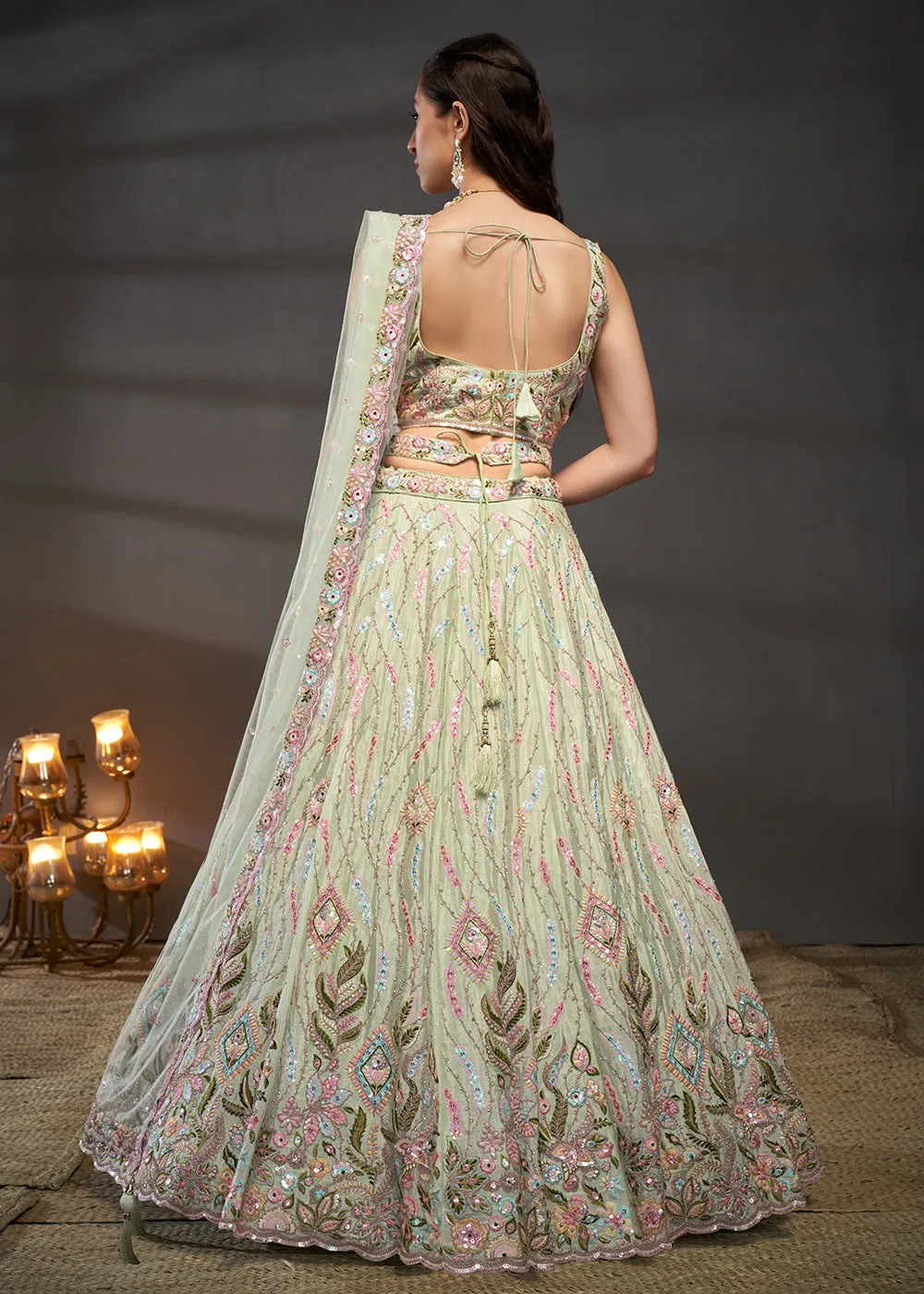 Lime Green Poly Chiffon Embroidered Bridesmaids Lehenga Choli