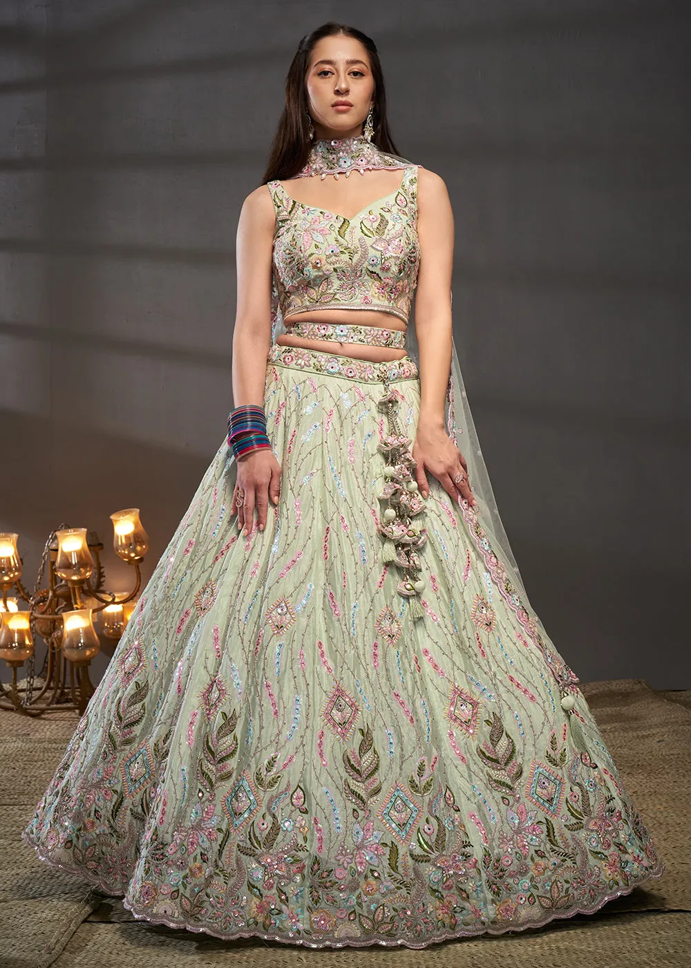 Lime Green Poly Chiffon Embroidered Bridesmaids Lehenga Choli