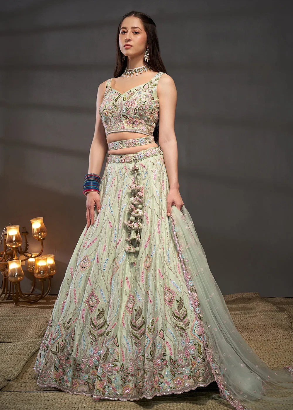 Lime Green Poly Chiffon Embroidered Bridesmaids Lehenga Choli