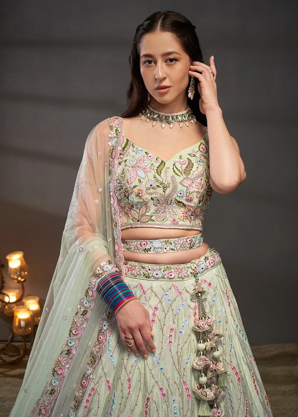 Lime Green Poly Chiffon Embroidered Bridesmaids Lehenga Choli