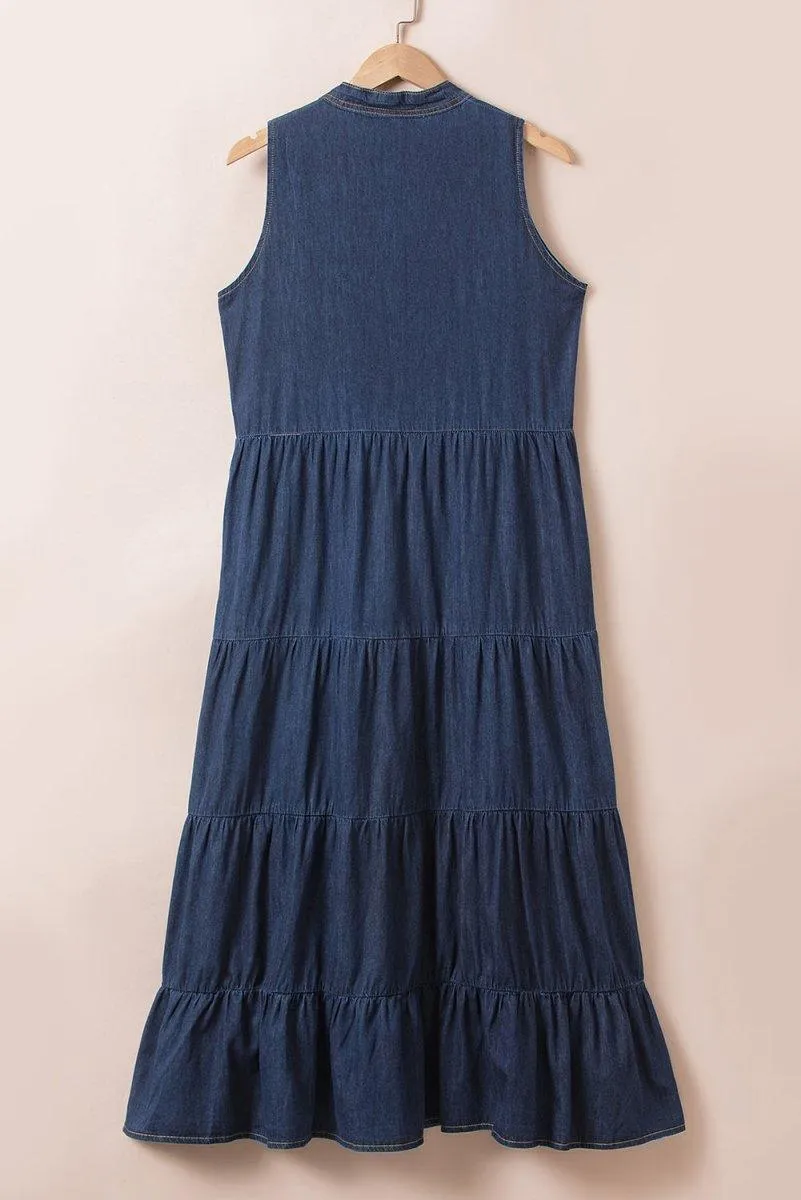 Long Chambray Tiered Maxi Denim Dress
