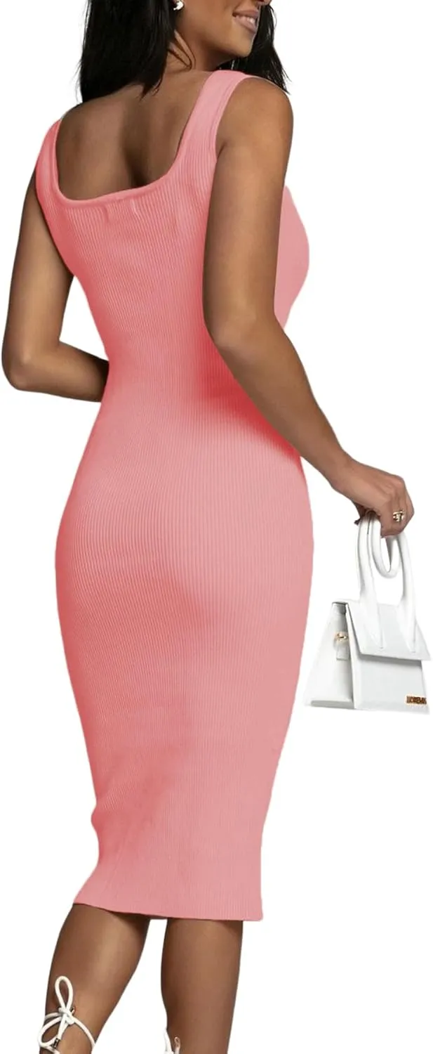 OPOIPIN Women's Square Neck Ribbed Knit Sleeveless Fitted Tank Bodycon Party Midi Dress