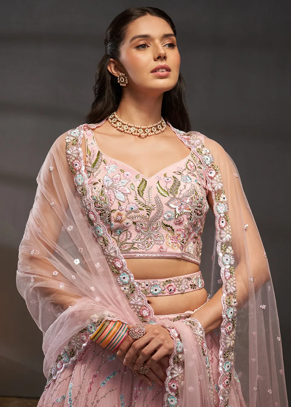 Pink Poly Chiffon Embroidered Bridesmaids Lehenga Choli