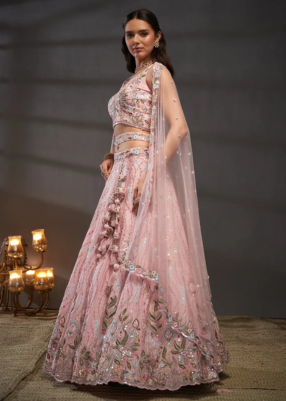 Pink Poly Chiffon Embroidered Bridesmaids Lehenga Choli