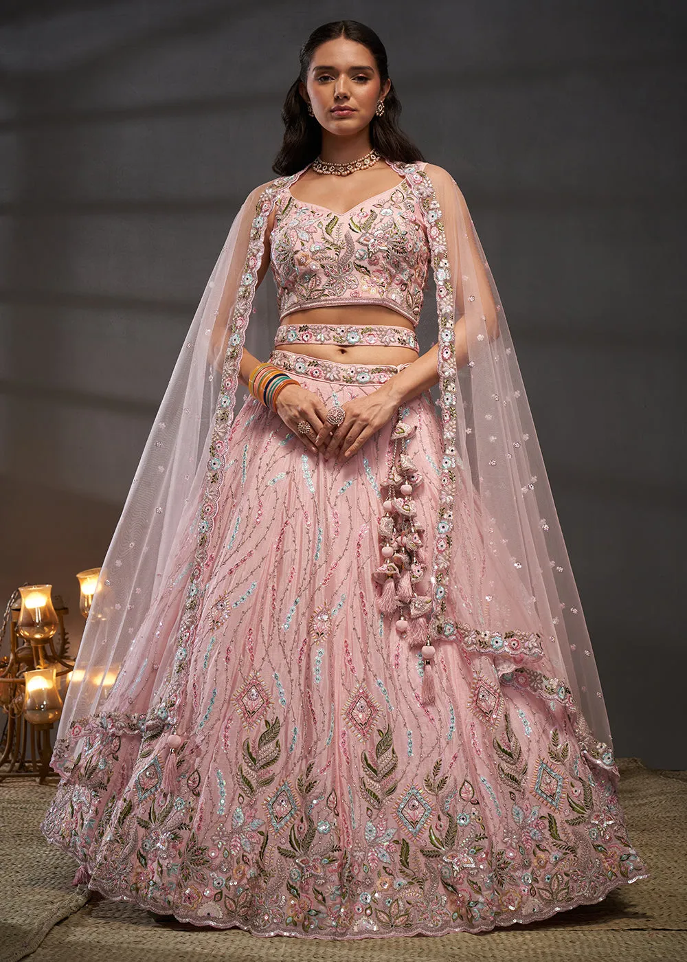 Pink Poly Chiffon Embroidered Bridesmaids Lehenga Choli